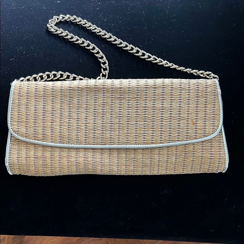 LOFT Tan Woven Clutch with Silver Chain